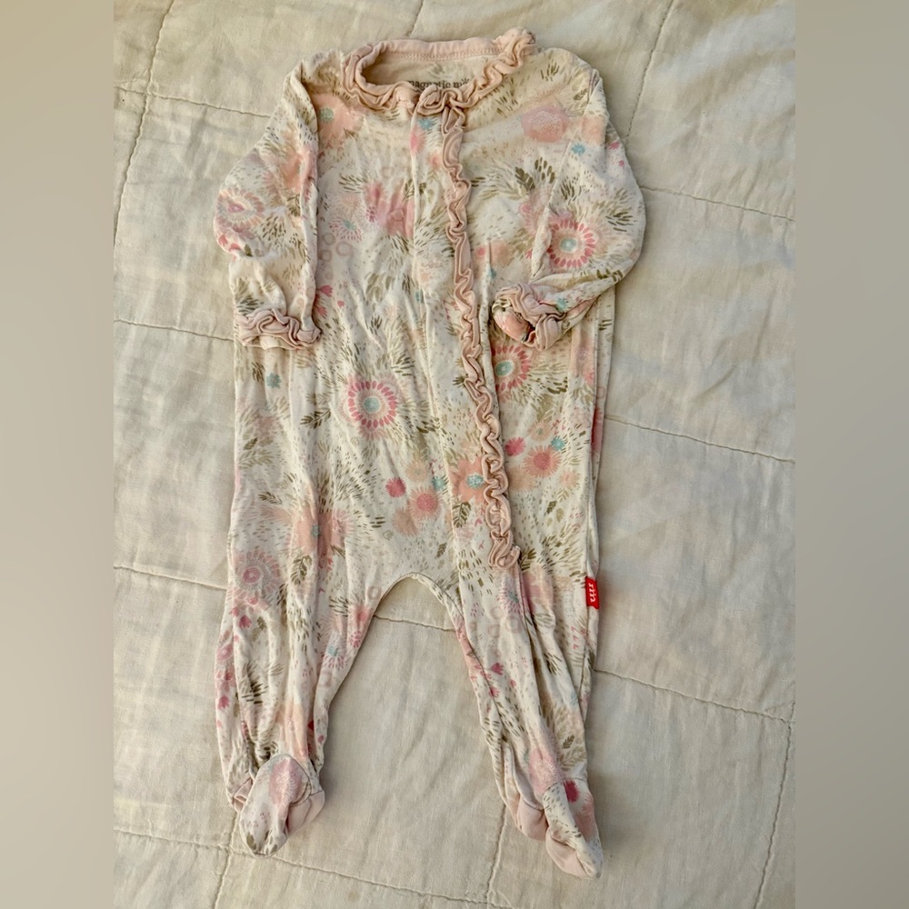 Magnetic Me Floral Ruffle Footie - Pink, Cream & Mint